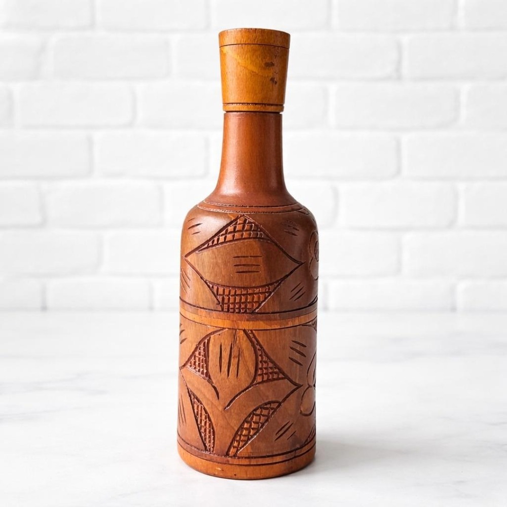 Hand Carved Wood Bottle Decanter Folk Art Pyrography Floral Two-Tone Stopper